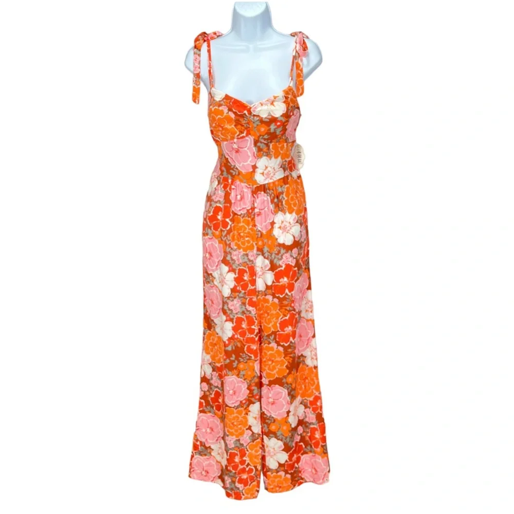 AUW Women’s Large Orange & Pink Floral Wide‎ Leg Pants Jumpsuit Tie Straps Boho